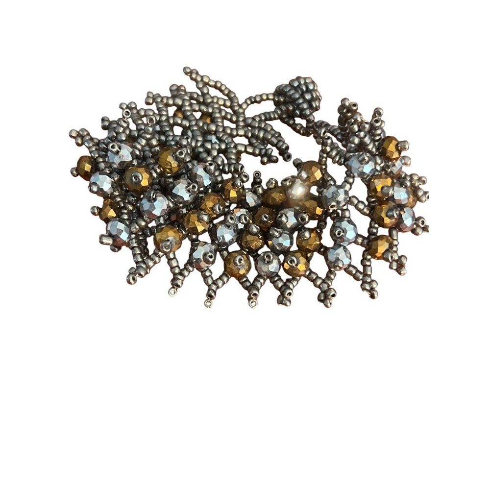 Silver Copper Tone Seed Bead Bracelet Metallic Button Clasp Cuff 6.5" 7.25"